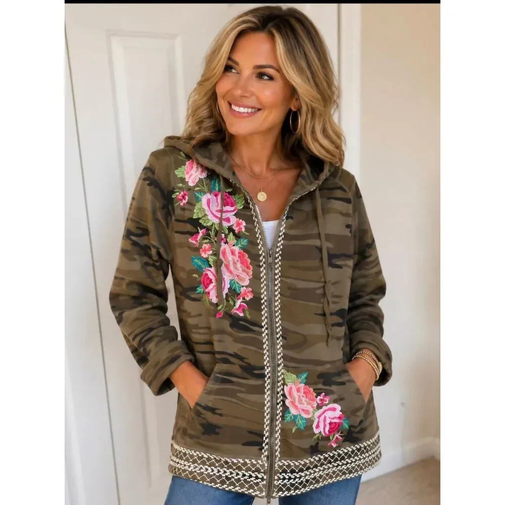 Johnny Was Womens Floral Camo Embroidered Zip Up Hoodie Green Pink Size Large